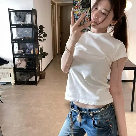 小个子短款短袖T恤女夏季修身韩版打底衫洋气时髦白色正肩上衣服商品大图