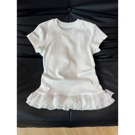 2025新款蕾丝花边拼接下摆短袖T恤女夏季韩版修身打底衫内搭上衣商品大图