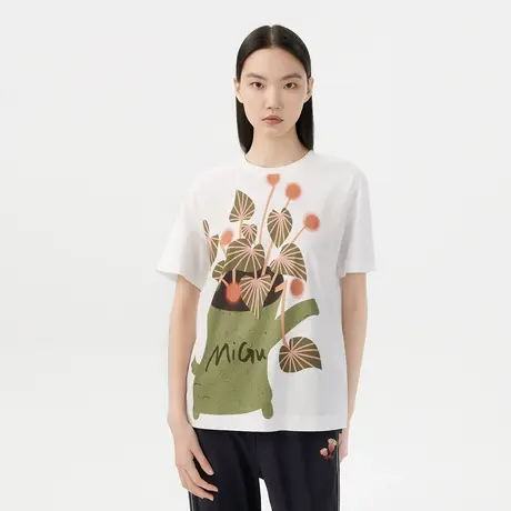 【纯棉】LANCY/朗姿夏季圆领植物印花T恤白色休闲女上衣图片