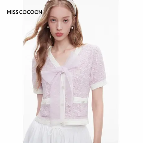 MISSCOCOON可可尼粉色上衣女2025秋季新款小香风V领短袖棉针织衫商品大图