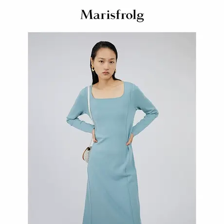 【商场同款】Marisfrolg玛丝菲尔秋季新款湖蓝色修身针织连衣裙图片
