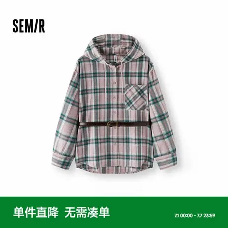 [商场同款]森马长袖衬衫女中长款oversize纯棉2025新款秋格纹衬衣图片