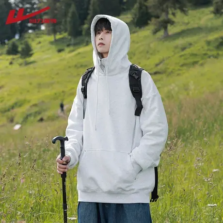 回力连帽卫衣男春秋款2025新款宽松纯色双层高领褶皱上衣男生外套图片