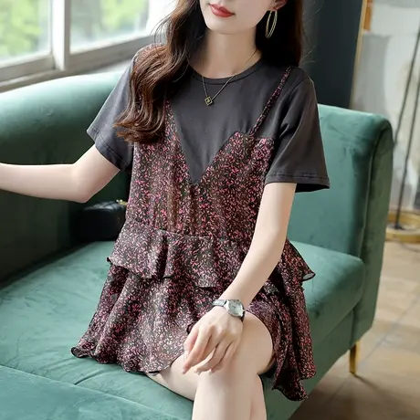 宝诗黎圆领假两件印花T恤设计感2025新款上衣夏季女宽松别致短袖图片