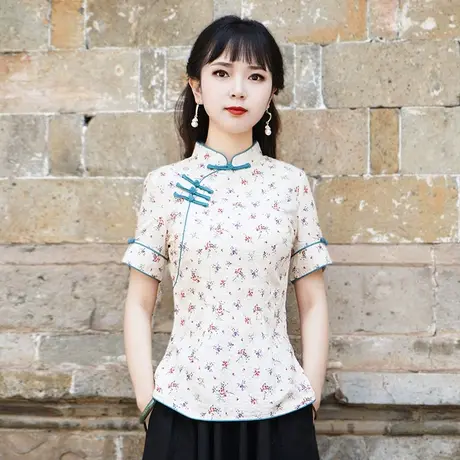 筠雅唐装女中国风夏季短袖改良旗袍上衣素衣碎花薄款中式禅意女装图片
