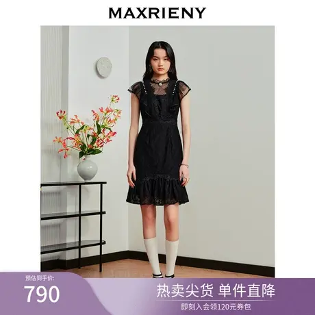 MAXRIENY法式复古蕾丝连衣裙2023夏季新款无袖鱼尾裙子约会小黑裙商品大图