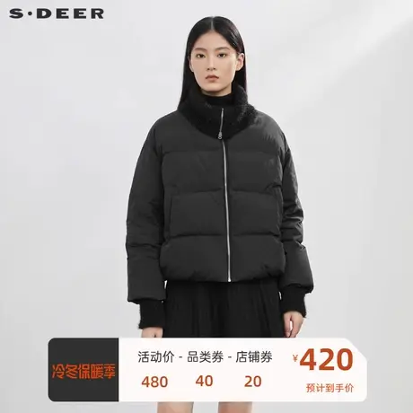 sdeer圣迪奥女装个性高领拼接插袋短款羽绒服S21462471😤商品大图