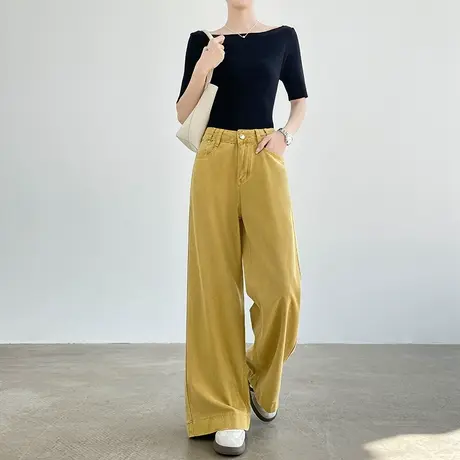 莱赛尔天丝棉牛仔裤女夏季薄款高腰宽松百搭拖地直筒阔腿黄色裤子商品大图