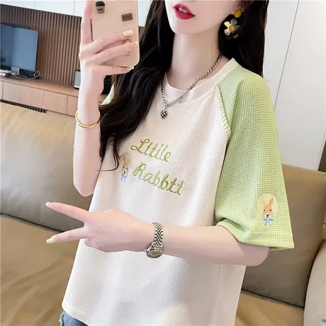 华夫格小个子短袖t恤女夏季韩版宽松大码女装设计感小众撞色上衣图片
