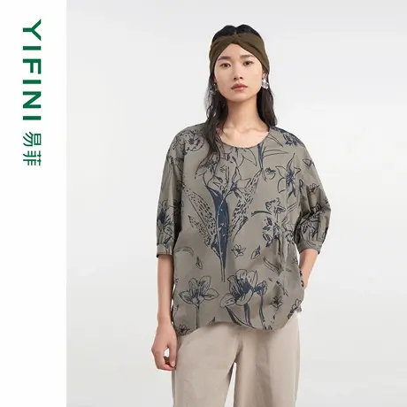[专柜同款]Yifini/易菲纯棉文艺棉府绸宽松衬衫时尚印花套头衫女商品大图