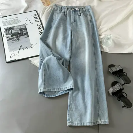 美式高街阔腿牛仔裤女韩版春季新款简约高腰垂感直筒裤浅色拖地裤商品大图