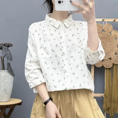 夏季新款韩版双层棉纱五分袖衬衫女文艺碎花衬衣柔软透气中袖上衣商品大图