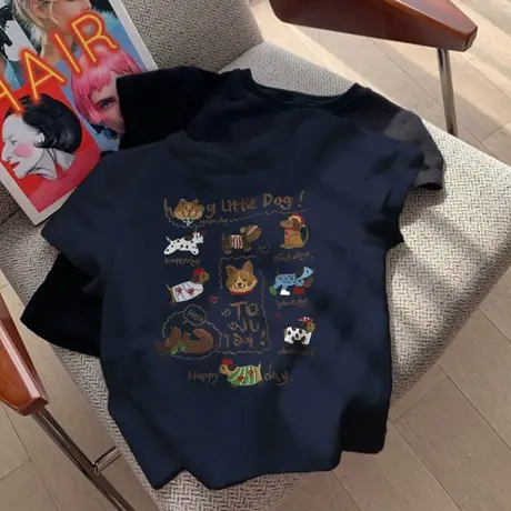 藏蓝色短款正肩短袖t恤女夏季新款美式深蓝色小个子修身紧身上衣商品大图