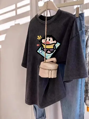 欧货大码女装上衣hiphop甜酷风微胖显瘦T恤小众水洗灰ins潮短袖夏商品大图