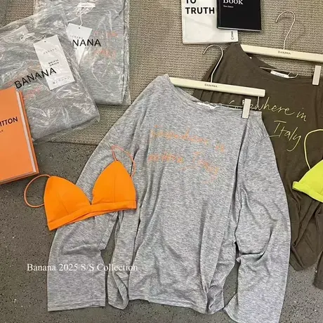 韩国东大门夏季新款时尚趣味斜肩长袖T恤女慵懒防晒衫罩衫上衣ins商品大图