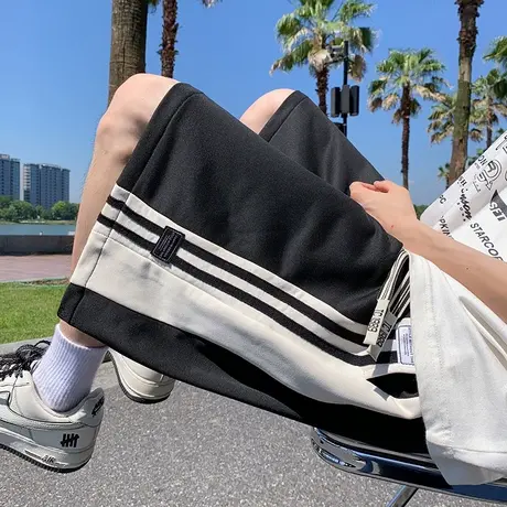短裤男夏季新款美式复古裤子高街潮牌休闲运动条纹贴标五分中裤子商品大图