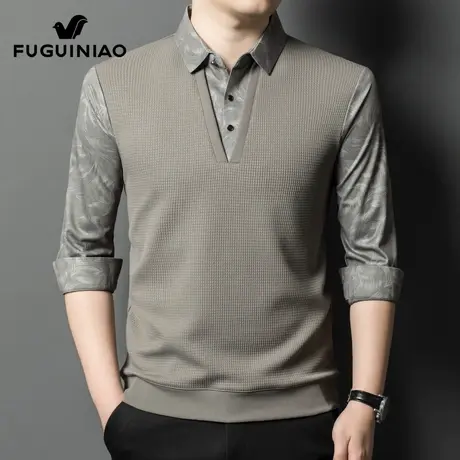 富贵鸟假两件长袖t恤男士2025年春季加绒衬衫领上衣休闲体恤男装商品大图