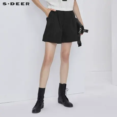 sdeer圣迪奥女装夏季松紧拼接插袋黑色A字短裤S21280919商品大图
