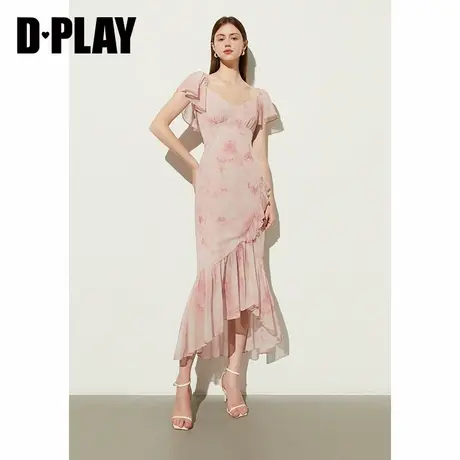 DPLAY夏季气质度假粉色连衣裙女荷叶边海边沙滩裙雪纺长裙图片