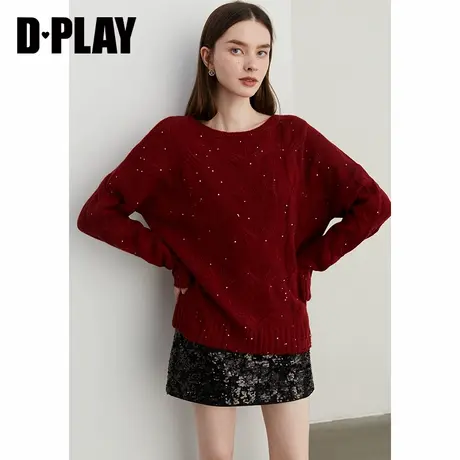DPLAY冬季新款休闲红色圆领珠片100羊毛套头毛衣上衣长袖女商品大图