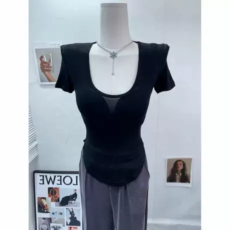 薄款微透!性感女人味U领显胸大短袖T恤女紧身收腰体恤打底衫上衣图片