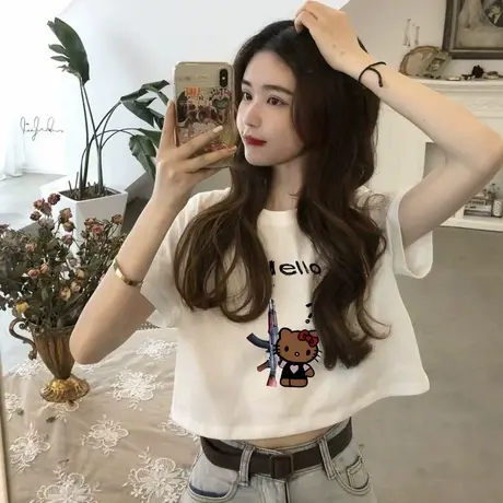 卡通Hello凯蒂猫印花正肩短袖t恤女2025新款夏季甜辣修身短款上衣商品大图