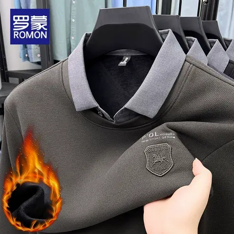 罗蒙男士假两件T恤冬季2025新款加绒加厚保暖休闲商务百搭上衣男图片