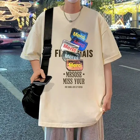 短袖T恤男夏季2025新款宽松纯棉半袖美式休闲圆领上衣高街体恤衫商品大图