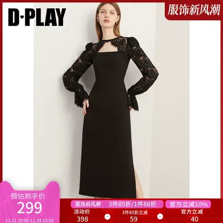 DPLAY秋法式优雅黑色侧开衩蕾丝连衣裙高级感礼服裙小黑裙图片