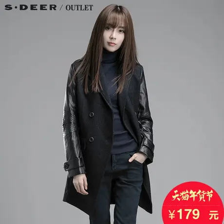 s.deer圣迪奥女装毛呢大衣中长款拼皮毛呢外套S14481857图片