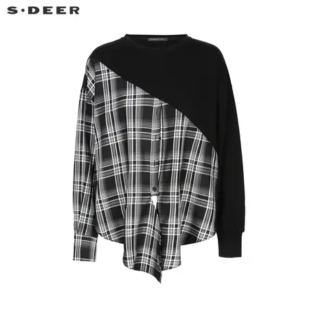 sdeer圣迪奥22春夏新品圆领撞色格纹拼接长袖T恤卫衣女S221Z0202图片