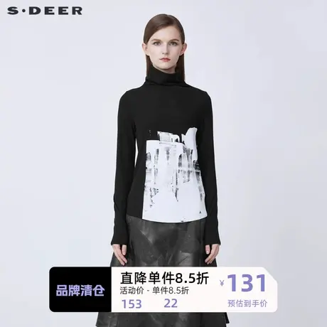sdeer圣迪奥女装个性高领撞色胶印黑色针织T恤S21480203商品大图