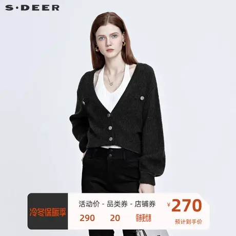 sdeer圣迪奥女装慵懒V领落肩袖短款开衫针织衫S22163507图片