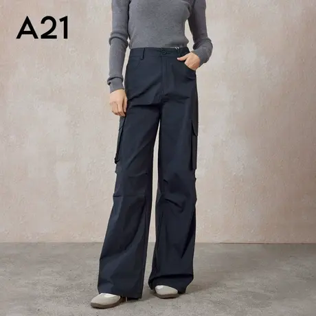 A21女装弹力高腰长裤春秋季新品多口袋工装裤简约百搭阔腿裤子商品大图