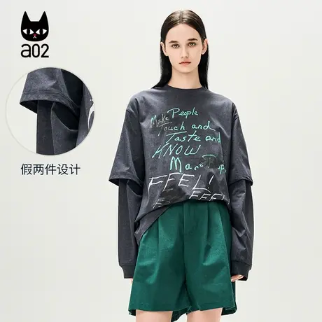a02【ET自然系列】洋气假两件长袖T恤女2025春季新款设计感上衣图片