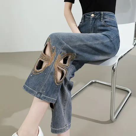 镂空刺绣牛仔裤女夏季薄款高腰显瘦复古小个子八分小直筒烟管裤子图片