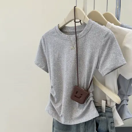 不规则褶皱设计感短袖T恤女夏季修身韩版打底衫短款圆领正肩上衣商品大图