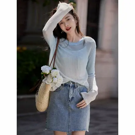 时尚气质针织衫2024年夏季新款女渐变色圆领薄款长袖罩衫图片