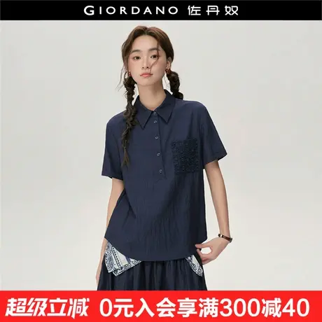 设计师款佐丹奴复古衬衫女仿牛仔打揽口袋半开襟短袖衬衫18345818图片