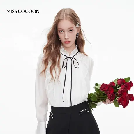 MISSCOCOON可可尼白色上衣女2025秋季新款复古系带长袖莱赛尔衬衫图片