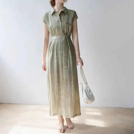 首尚格释2025夏季新品时尚天丝衬衫领气质亚麻收腰显瘦长连衣裙女商品大图