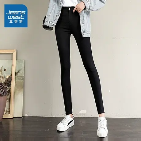 LR真维斯女装2025春夏新款女士高腰修身通勤九分小个子黑色牛仔裤商品大图