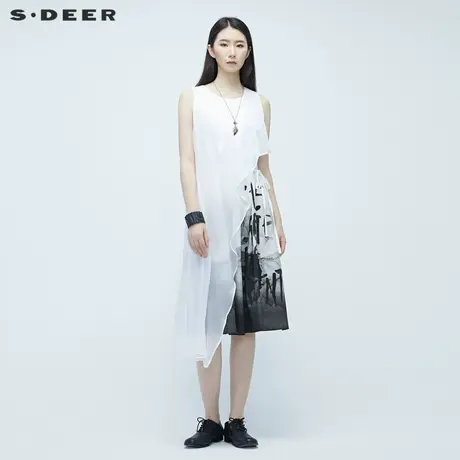 sdeer圣迪奥女夏季水墨印花雪纺拼接收腰通勤无袖连衣裙S20281252图片