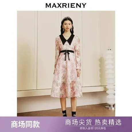 【商场同款】MAXRIENY温柔春日少女感桃花印花撞色连衣裙修身长裙图片