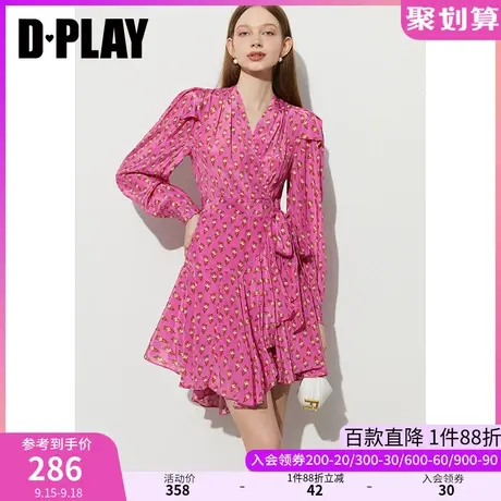 DPLAY2023新度假风玫粉碎花收腰系带蝴蝶结茶歇裙野餐印花连衣裙商品大图