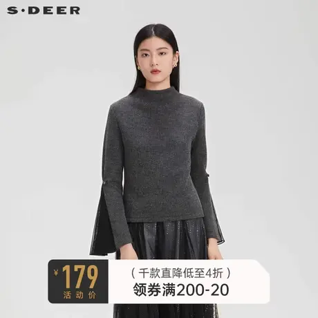 sdeer圣迪奥女装高领网纱蕾丝拼接喇叭袖长袖T恤打底衫S223Z0223🎁商品大图