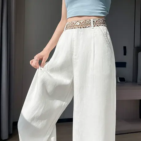 国风天丝亚麻刺绣西装阔腿裤女夏季薄款棉麻休闲垂感拖地直筒裤子商品大图
