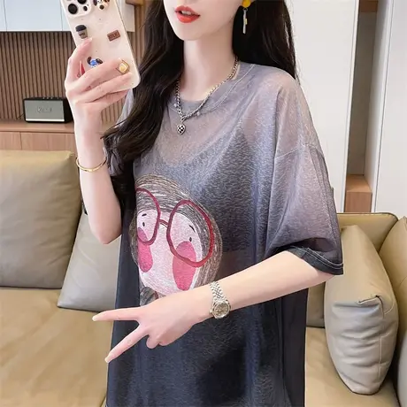 冰丝速干渐变色短袖t恤女夏季韩版宽松大码女装防晒薄款罩衫上衣图片