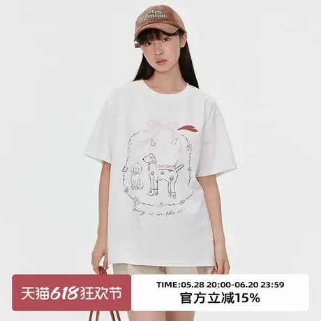 omont蛋挞家童趣小狗印花宽松休闲短袖T恤2025夏圆领百搭半袖上衣商品大图