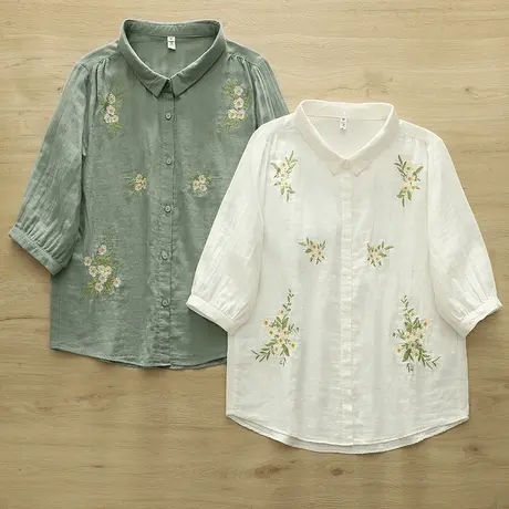 夏季韩版文艺刺绣花朵双层棉纱中袖衬衫女宽松休闲五分袖上衣百搭商品大图